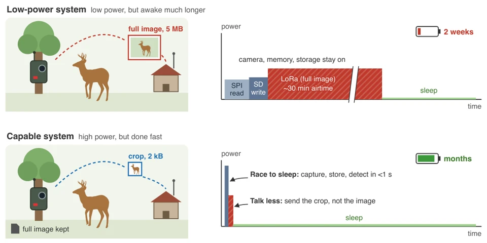 Camera-trap comparison showing how faster processing and smaller transmissions reduce energy use